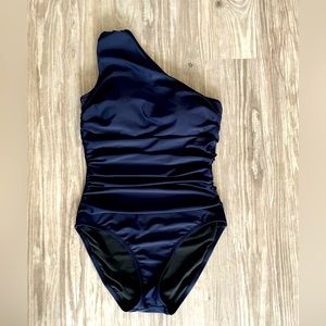 J. Crew Womens Ruched One Shoulder One Piece Swimsuit Navy Blue, Padded, Size 10